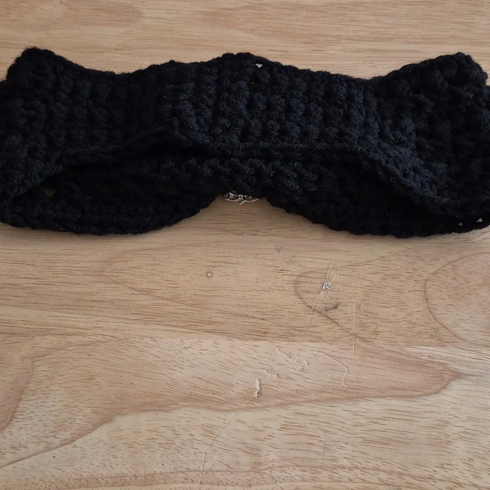 Black Crocheted Headband with Silver Brooch Accent